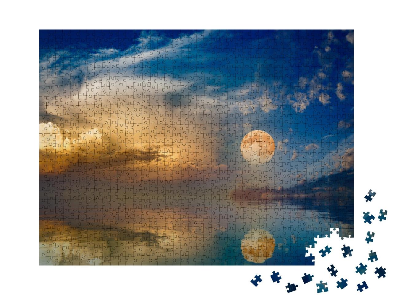 Puzzle de 1000 pièces « Pleine lune sur un ciel de coucher de soleil en bord de mer »