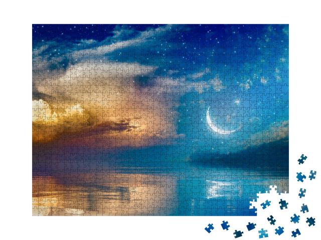 Puzzle de 1000 pièces « Croissant de lune, étoiles et nuages, Ramadan Kareem »