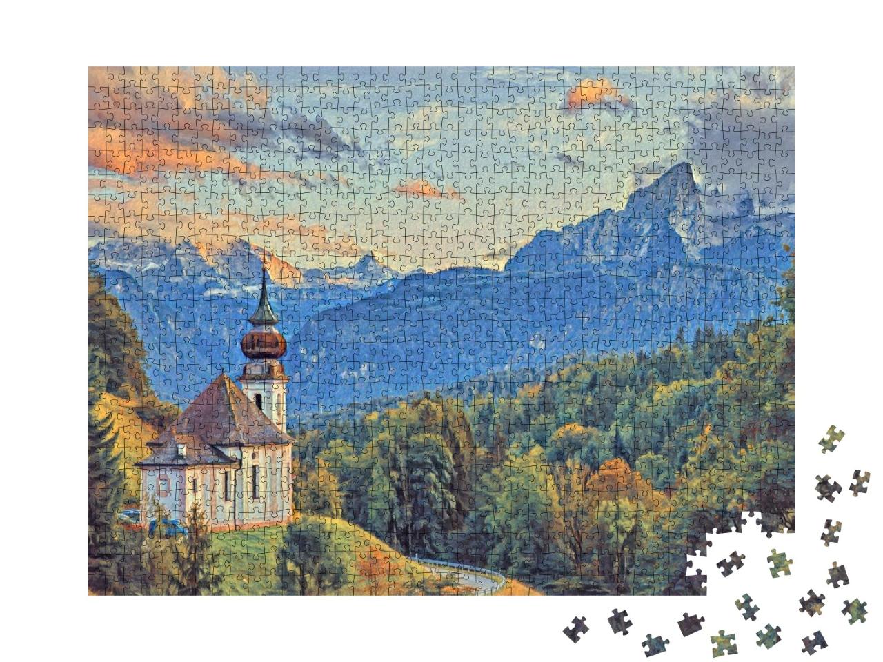 Puzzle de 1000 pièces « dans le style de Paul-Cezanne - Watzmann avec église Maria Gern - Collection de puzzles Artistes & Tableaux »