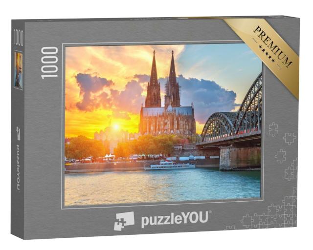 Puzzle de 1000 pièces « Vue sur la cathédrale de Cologne au coucher du soleil doré »