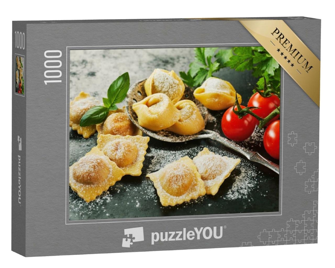 Puzzle de 1000 pièces « Raviolis et tortellinis italiens faits maison et fraîchement préparés »