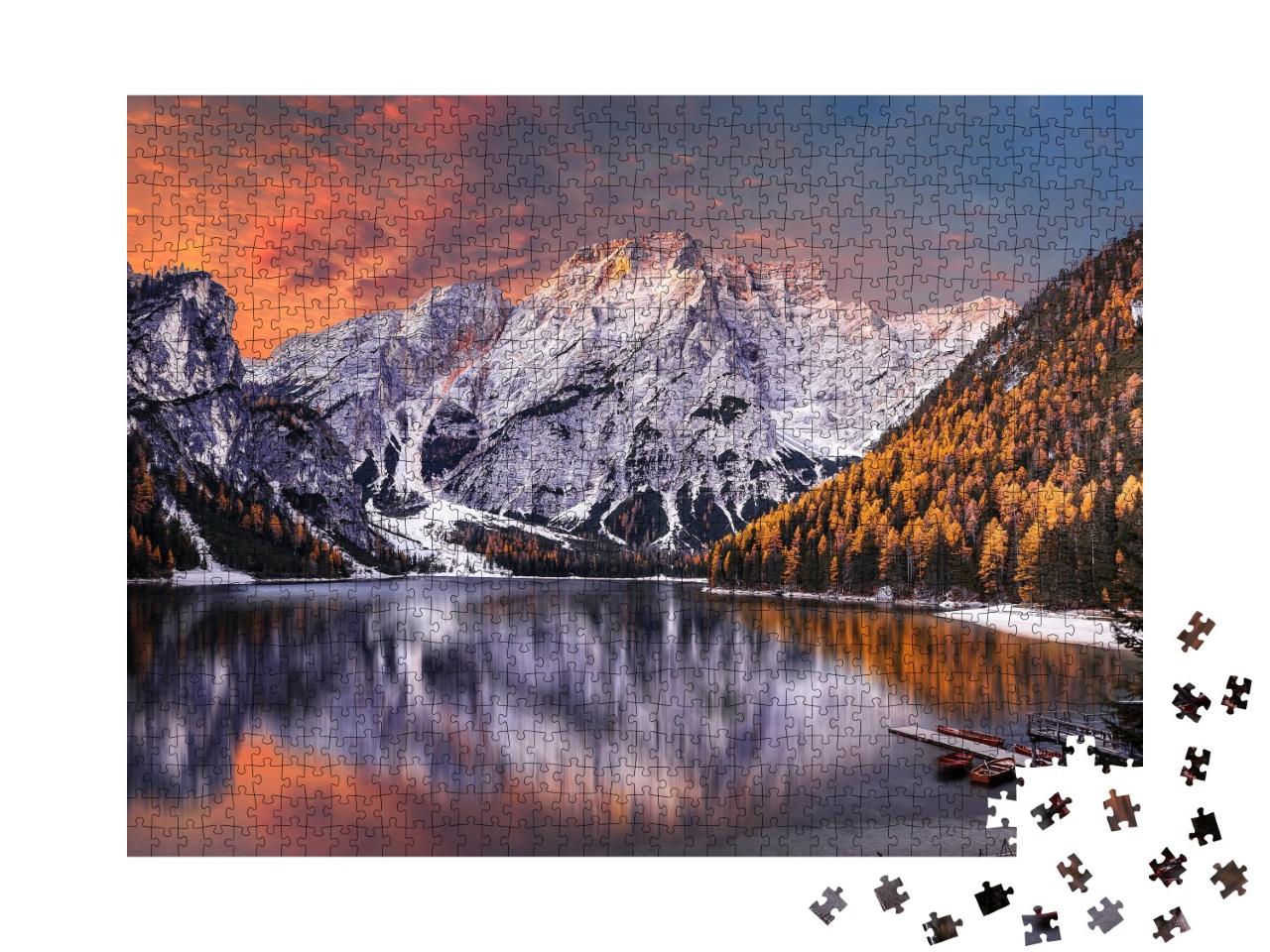 Puzzle de 1000 pièces « Scène matinale au lac Pragser Wildsee, Dolomites, Italie »