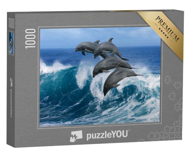 Puzzle de 1000 pièces « Quatre beaux dauphins sautant par-dessus des vagues déferlantes, Hawaï »
