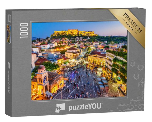 Puzzle de 1000 pièces « La place Monastiraki et l'Acropole antique le soir, Athènes, Grèce »