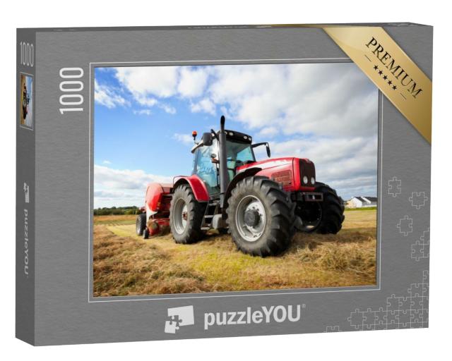 Puzzle de 1000 pièces « Un grand tracteur ramasse des meules de foin dans un champ »