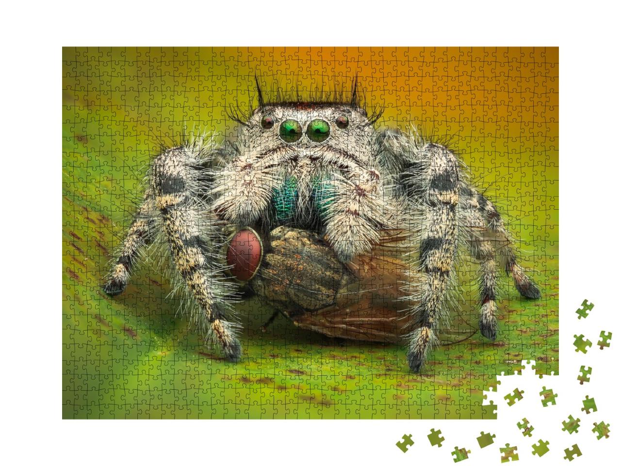 Puzzle de 1000 pièces « Macrophotographie : Une araignée sauteuse mange une mouche domestique »