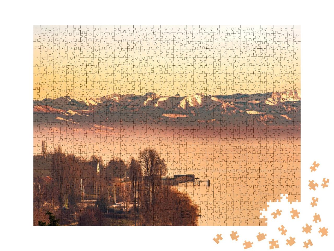 Puzzle de 1000 pièces « Lumière du soir sur le lac de Constance avec les Alpes suisses »