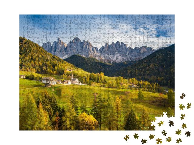 Puzzle de 1000 pièces « Village de montagne Santa Maddelana dans la lumière du soir, Dolomites »