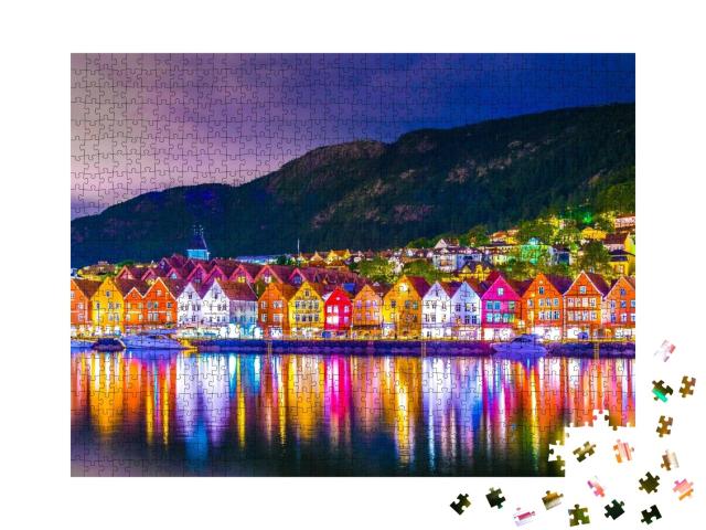 Puzzle de 1000 pièces « Illumination du soir du quartier en bois de Bryggen à Bergen, Norvège »