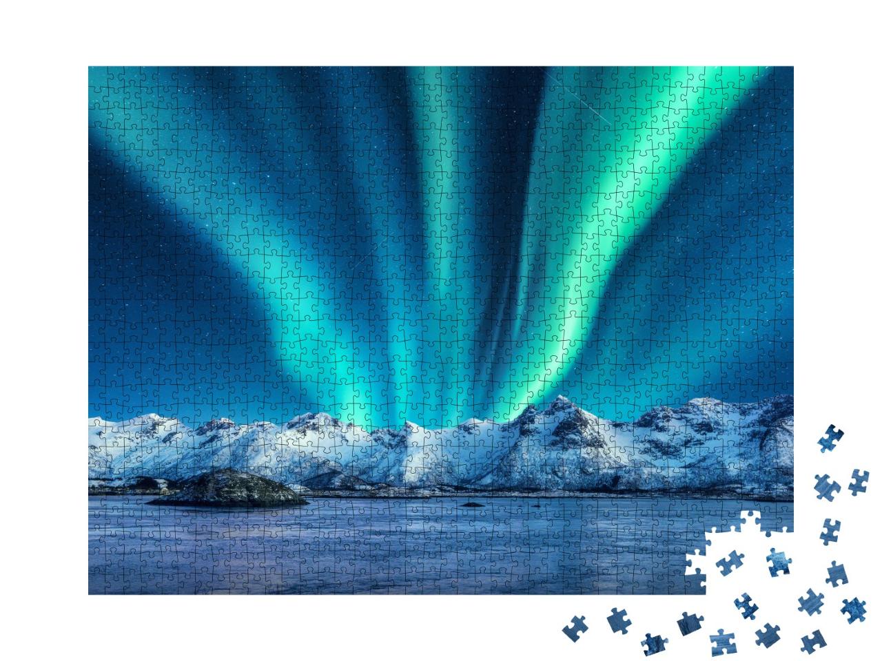 Puzzle de 1000 pièces « Aurore boréale au-dessus des montagnes enneigées de l'archipel des Lofoten, Norvège »