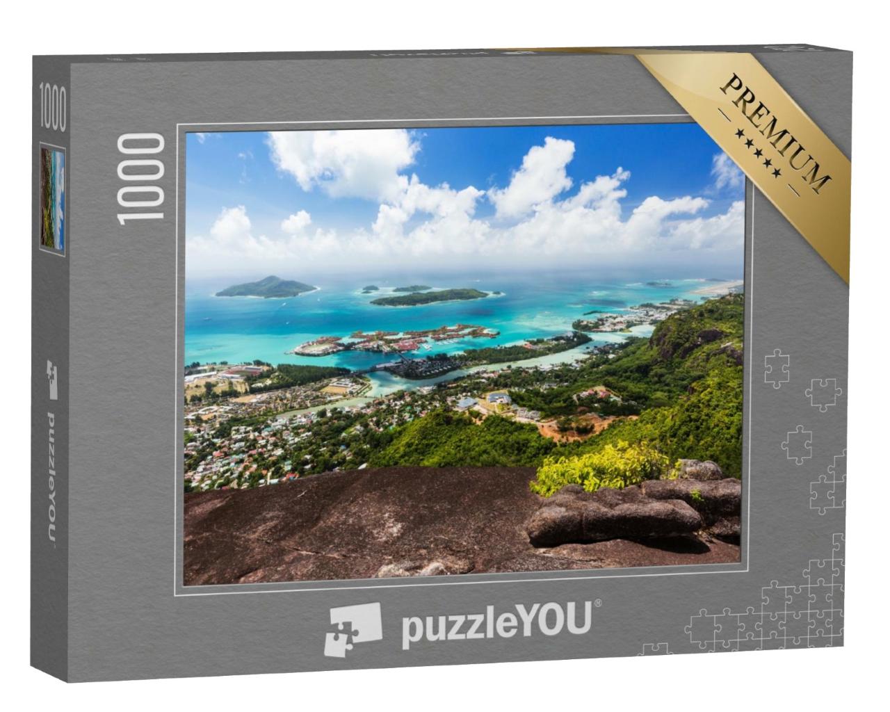 Puzzle de 1000 pièces « Vue du Mont Copolia et de ses rochers de granit sur la capitale Victoria, Seychelles »