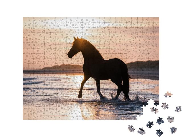 Puzzle de 500 pièces « Cheval noir trottant librement sur la plage contre la lumière du soir »