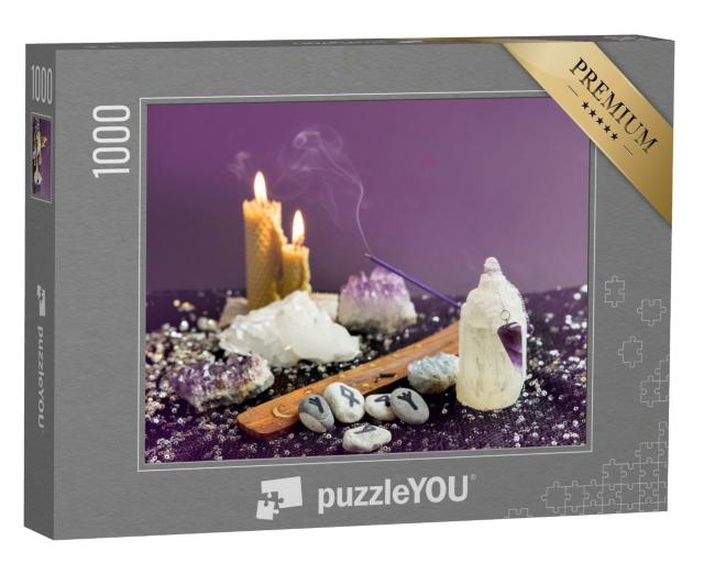 Puzzle de 1000 pièces « Pendule en cristal d'améthyste, pierres runiques, bougies en cire d'abeille, ésotérisme »