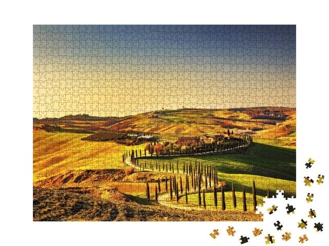 Puzzle de 1000 pièces « Coucher de soleil sur la Toscane avec des cyprès, Italie »