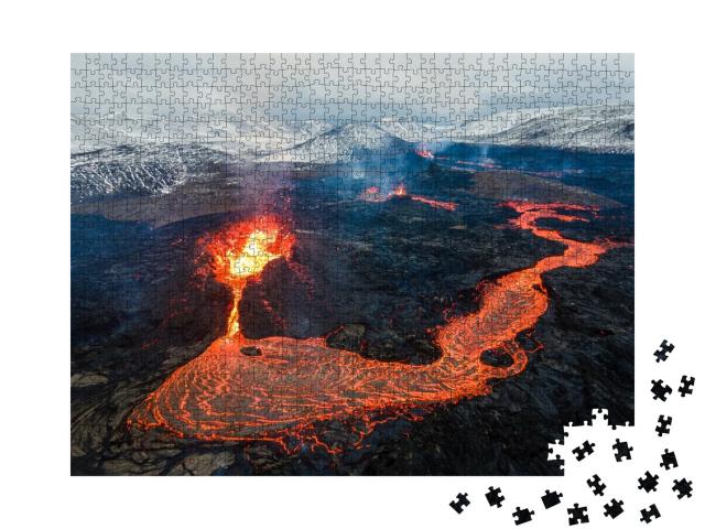 Puzzle de 1000 pièces « Coulées de lave sur un volcan actif en Islande »