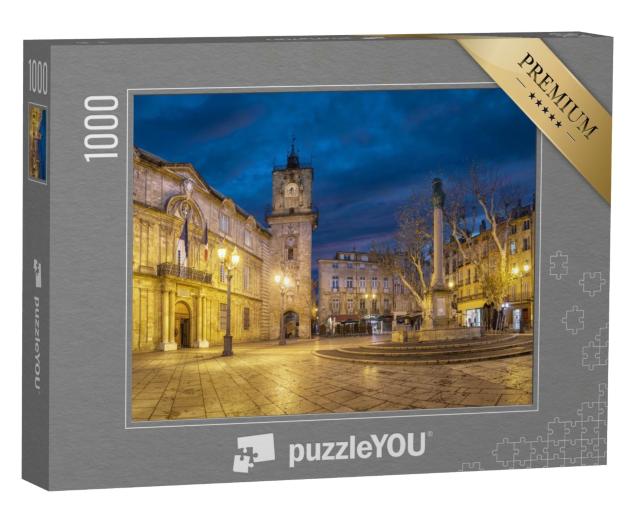 Puzzle de 1000 pièces « Bâtiment de la mairie, tour de l'horloge et fontaine à Aix-en-Provence, France »