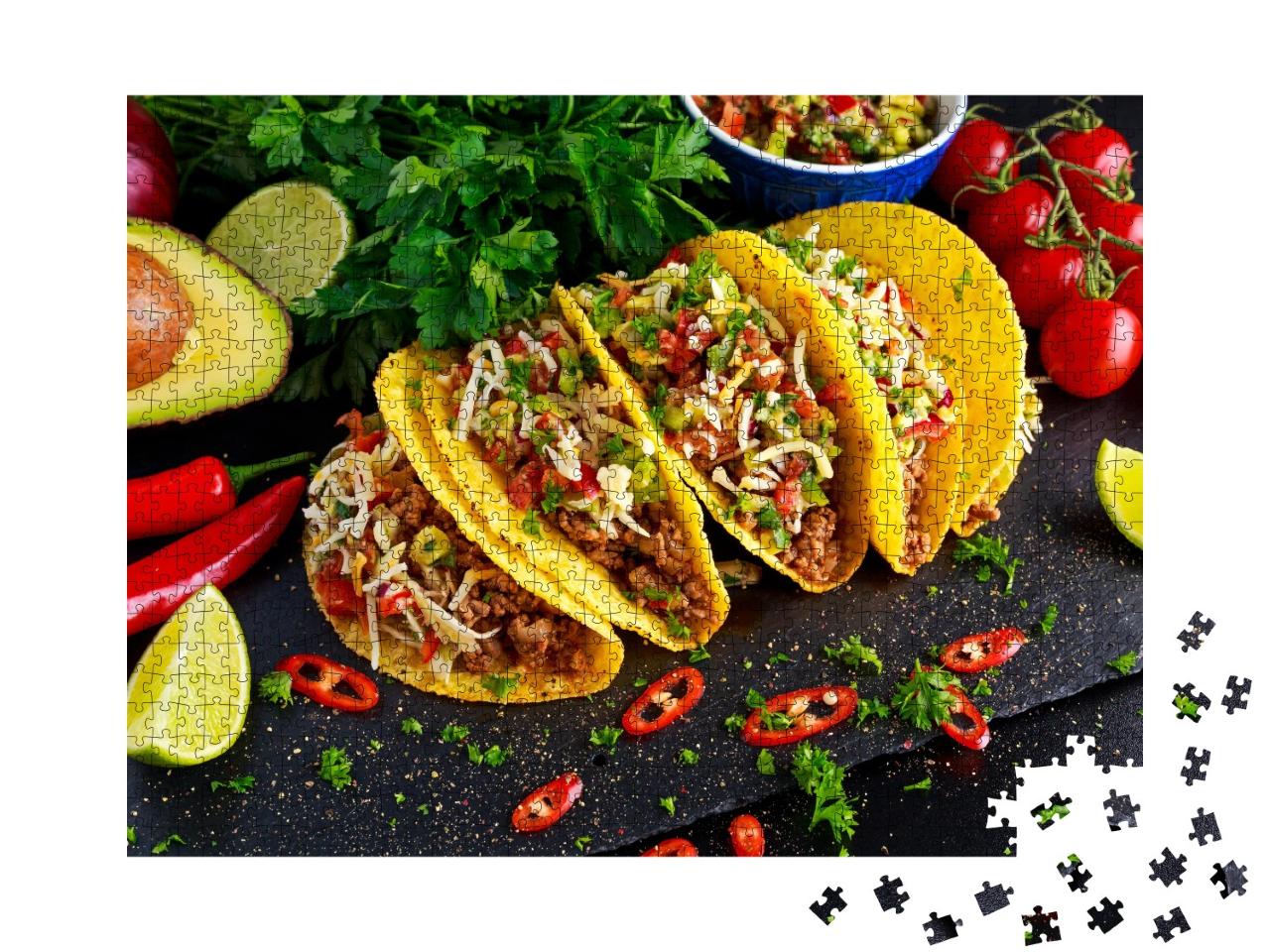 Puzzle de 1000 pièces « La cuisine mexicaine : Délicieux tacos avec salsa maison »