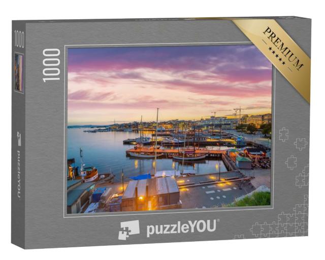 Puzzle de 1000 pièces « Skyline d'Oslo avec le centre-ville au coucher du soleil, Norvège »