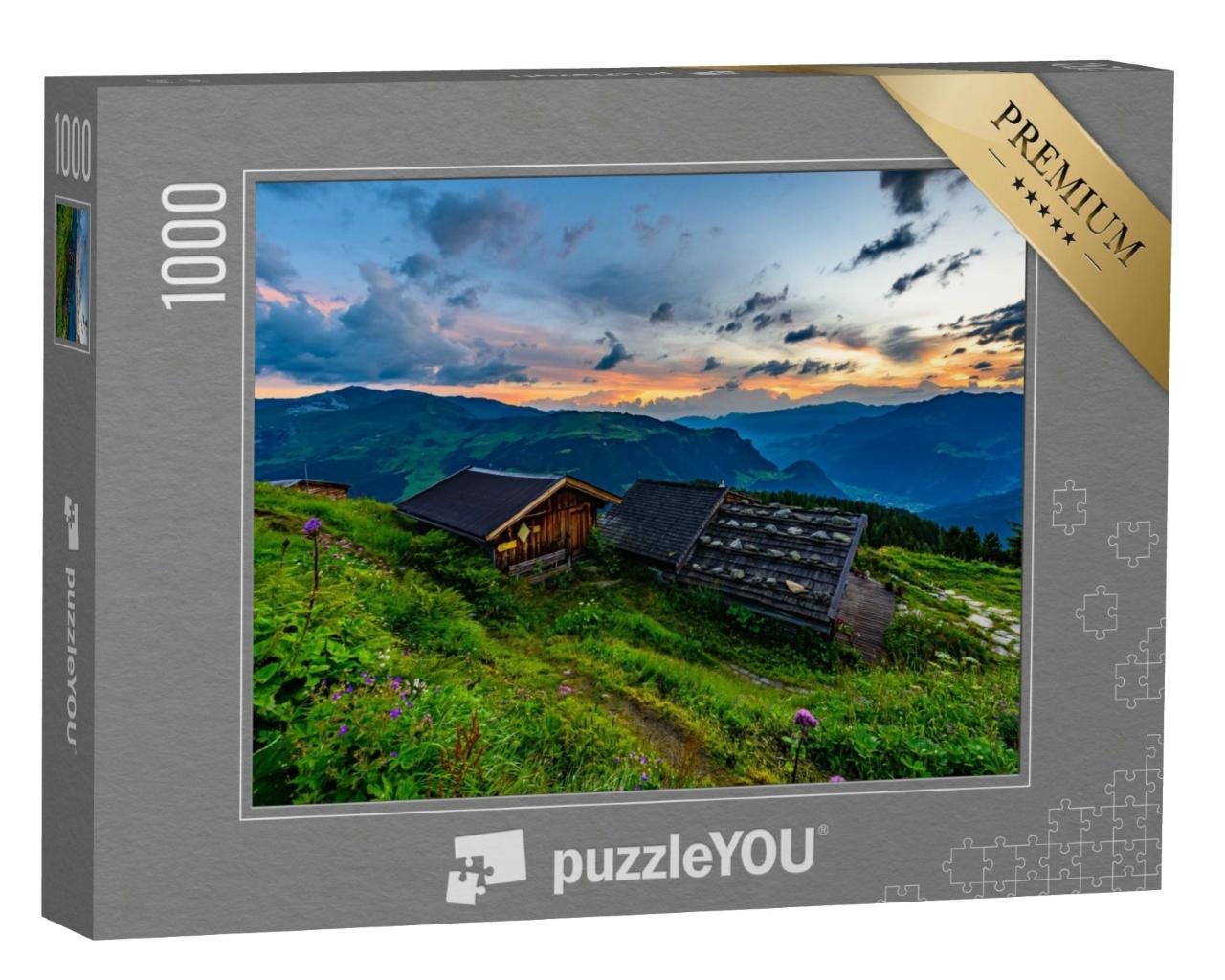 Puzzle de 1000 pièces « Lever de soleil coloré au-dessus de la Gamshütte, Alpes de Zillertal »