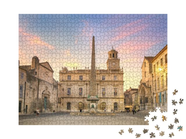 Puzzle de 1000 pièces « Arles au crépuscule, vue sur l'obélisque de la place de la République »