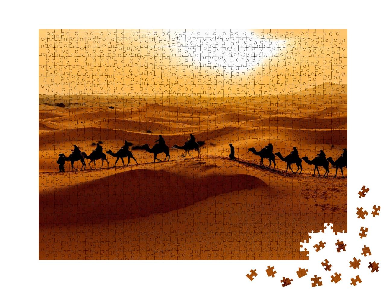 Puzzle de 1000 pièces « Caravane de chameaux : des touristes explorent le désert du Sahara, Maroc »