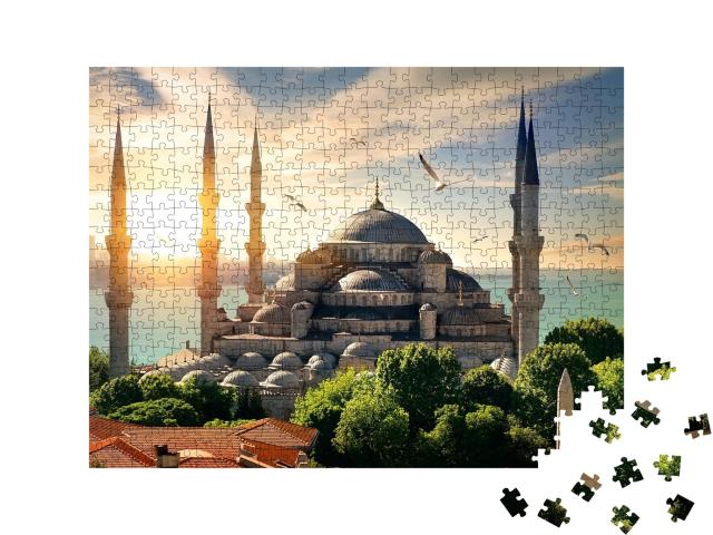 Puzzle de 500 pièces « Des mouettes au-dessus de la Mosquée bleue et du Bosphore à Istanbul »