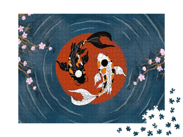 Puzzle de 1000 pièces « Koï oriental yin-yang dans un étang avec des fleurs de cerisier »