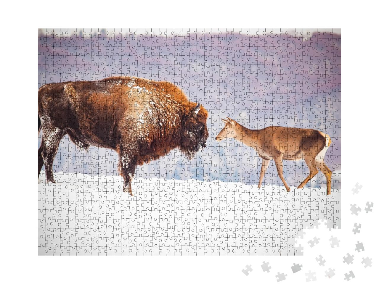 Puzzle de 1000 pièces « Bisons et cerfs européens en hiver »