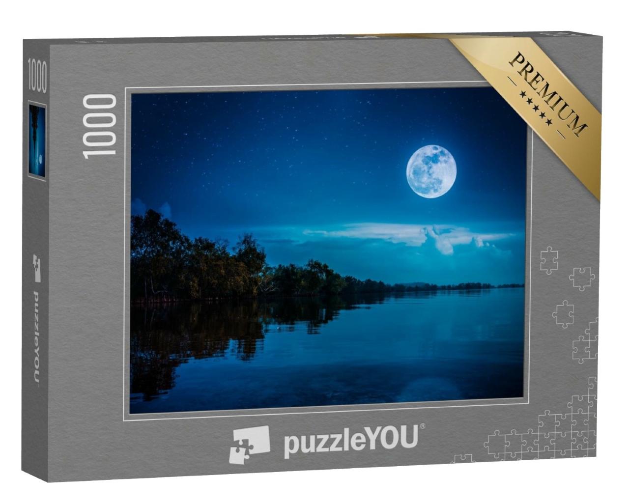 Puzzle de 1000 pièces « Magnifique pleine lune sur les rives d'un lac tranquille »