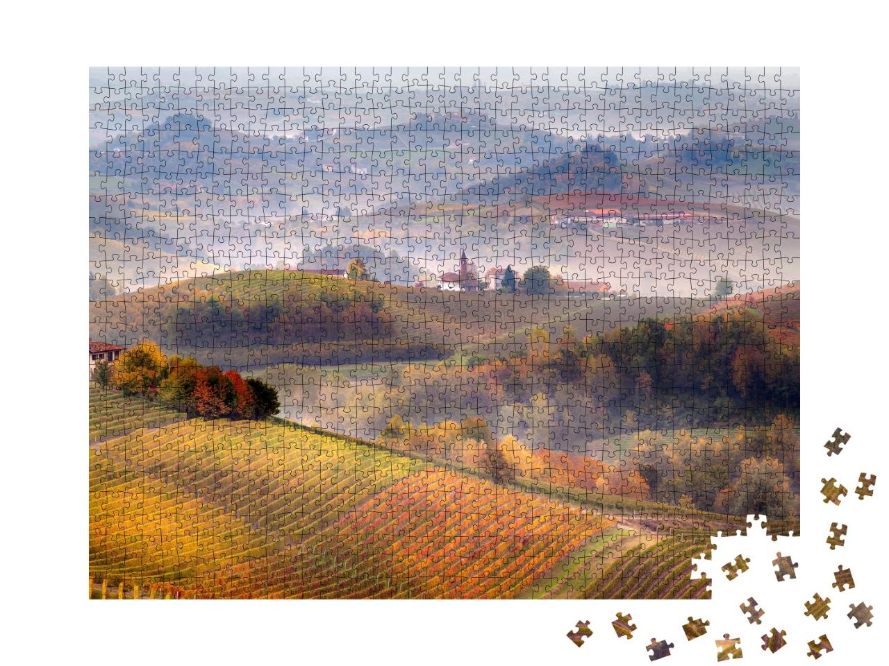 Puzzle de 1000 pièces « Lever de soleil sur le Barolo et brouillard dans la région des Langhe »