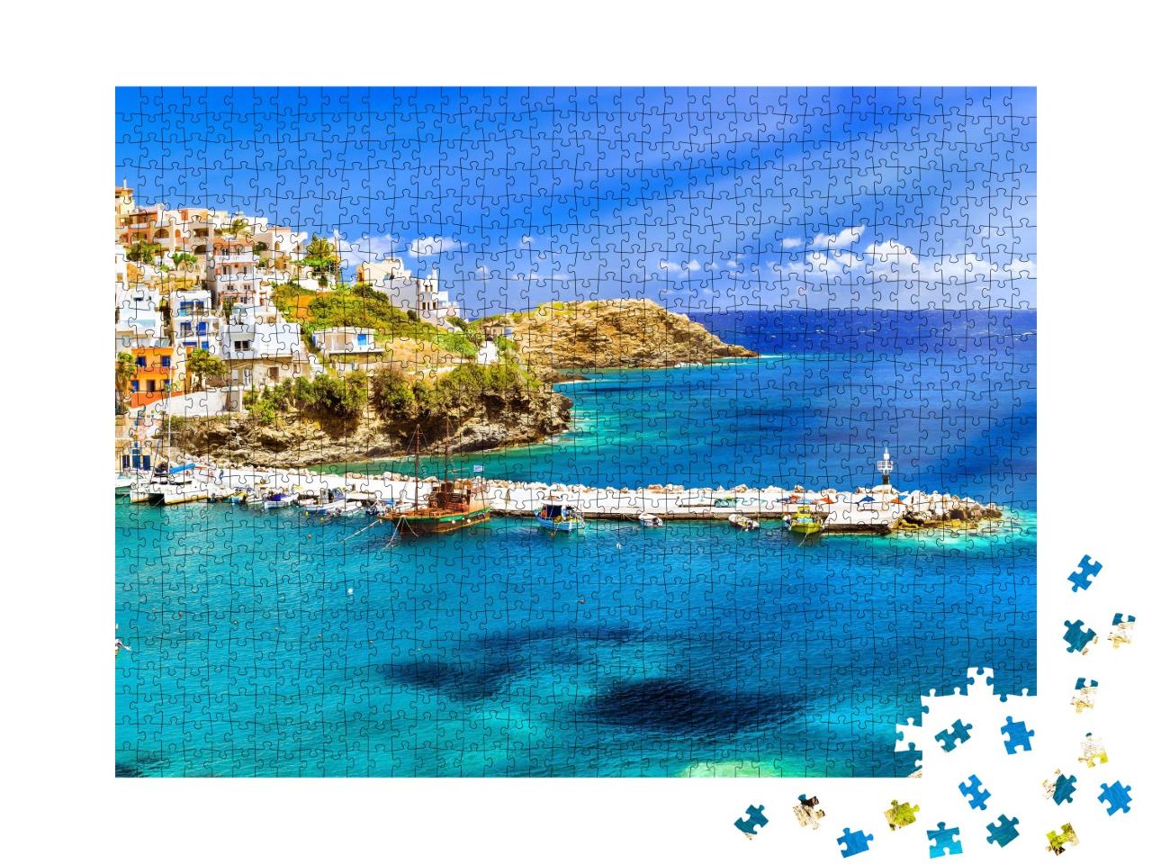 Puzzle de 1000 pièces « Port avec des navires de la marine, des bateaux et un phare, Rethymno, Crète »
