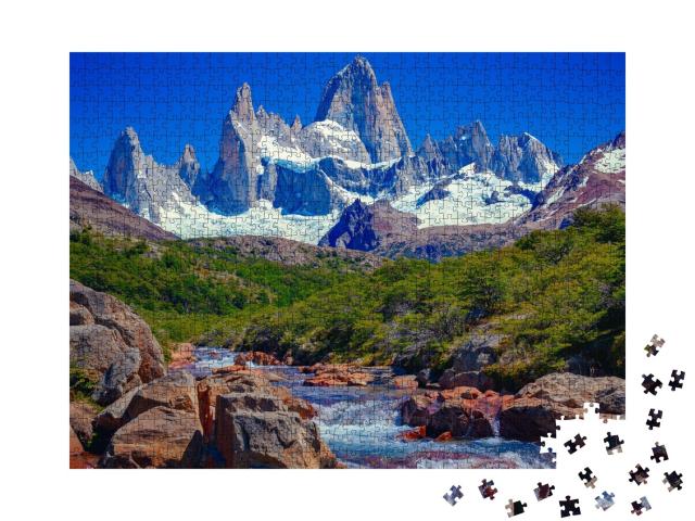 Puzzle de 1000 pièces « Rivière à El Chaltén et montagne Fitz Roy, Andes patagoniennes du sud »