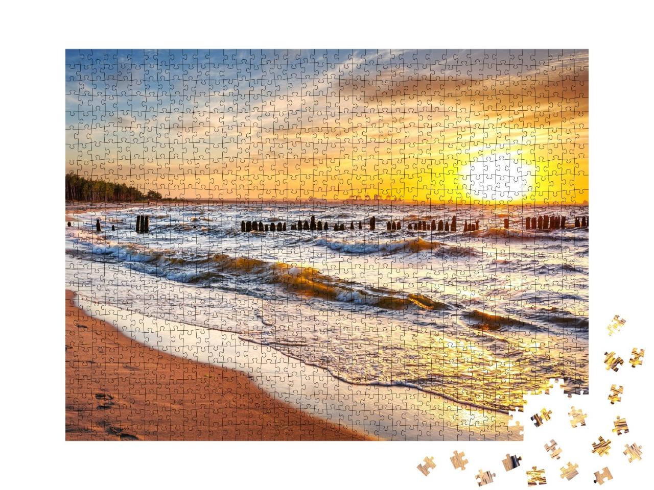 Puzzle de 1000 pièces « Coucher de soleil sur une plage de la mer Baltique en Pologne »