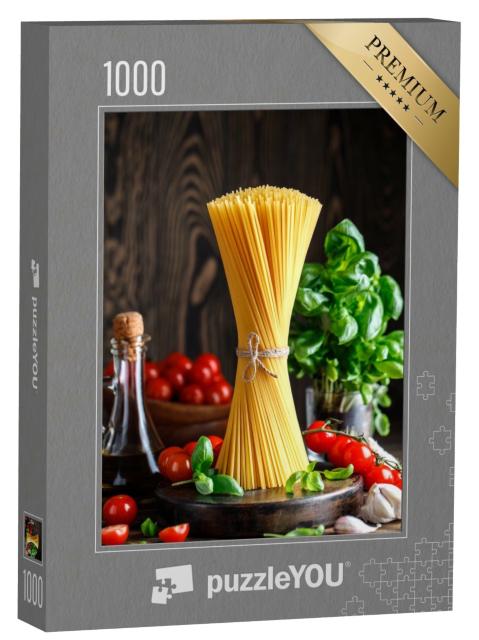 Puzzle de 1000 pièces « Spaghetti, basilic et tomates en arrière-plan »