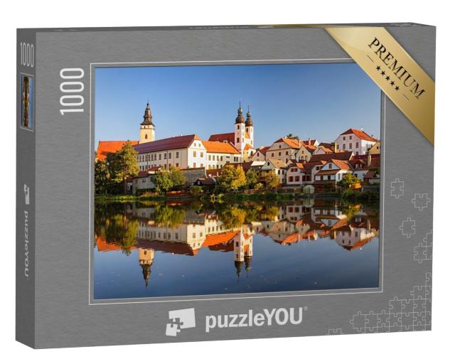 Puzzle de 1000 pièces « Vue de Telc sur l'étang avec reflets, Moravie du Sud, République tchèque »