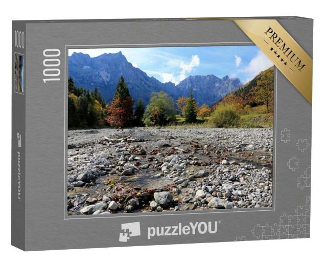 Puzzle de 1000 pièces « Lit de la rivière Rißbach avec vue sur les montagnes du Karwendel, Autriche »