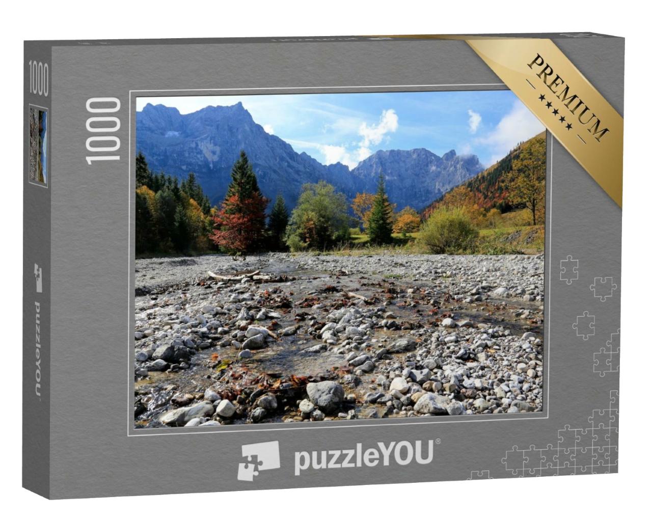 Puzzle de 1000 pièces « Lit de la rivière Rißbach avec vue sur les montagnes du Karwendel, Autriche »