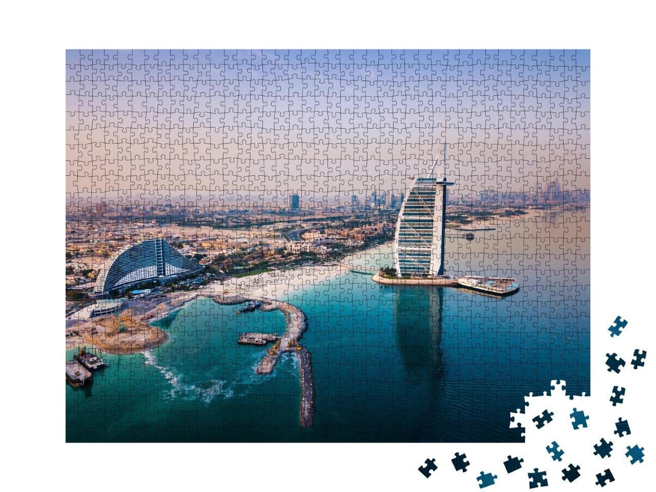 Puzzle de 1000 pièces « L'hôtel de luxe Burj Al Arab et la ligne d'horizon du port de Dubaï »