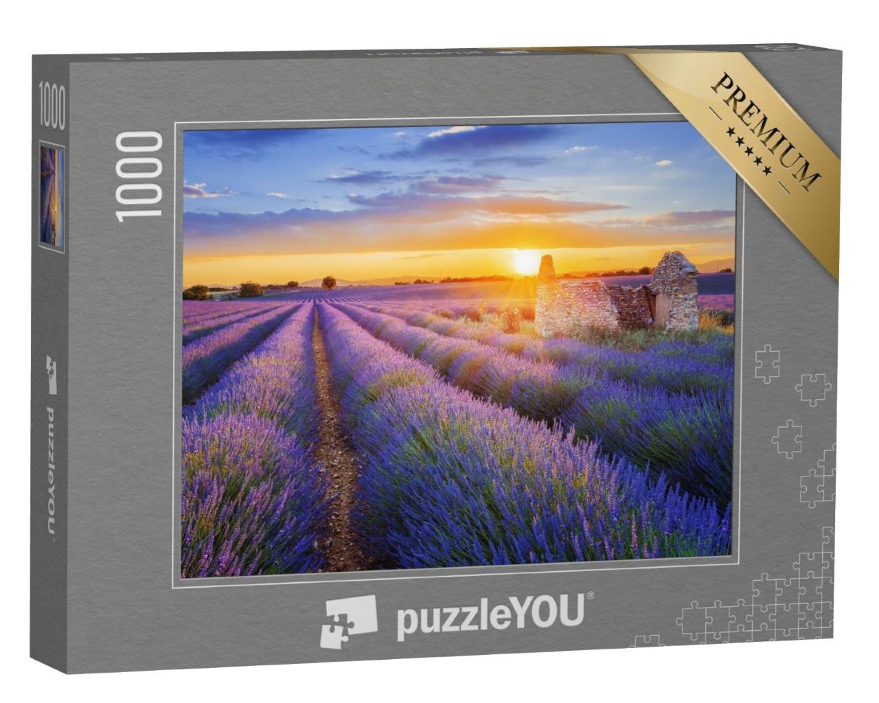 Puzzle de 1000 pièces « Rêve violet : coucher de soleil sur un champ de lavande à Valensole, Provence »