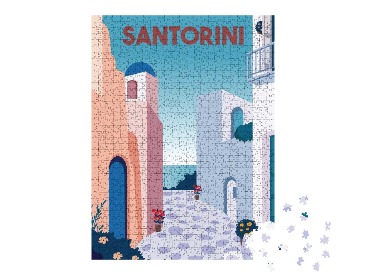 Puzzle de 1000 pièces « Illustration vectorielle de Santorin avec des bâtiments historiques »
