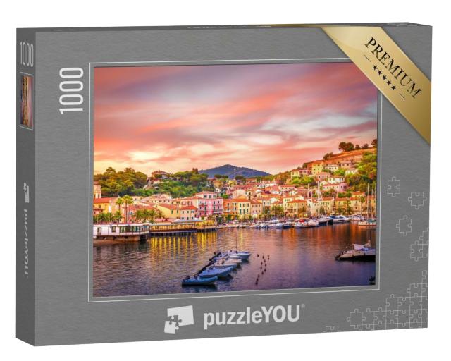 Puzzle de 1000 pièces « Port et village de Porto Azzurro au coucher du soleil, Île d'Elbe, Italie »