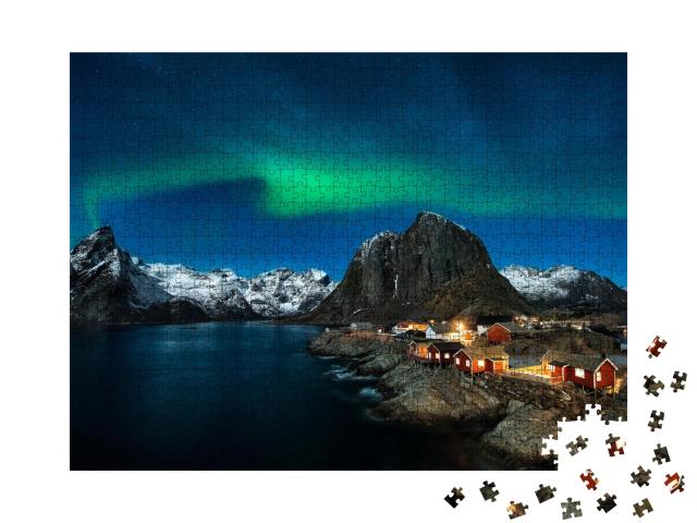 Puzzle de 1000 pièces « Cabanes de pêcheurs traditionnelles norvégiennes, île de Hamnøy, Reine sur l'archipel des Lofoten »