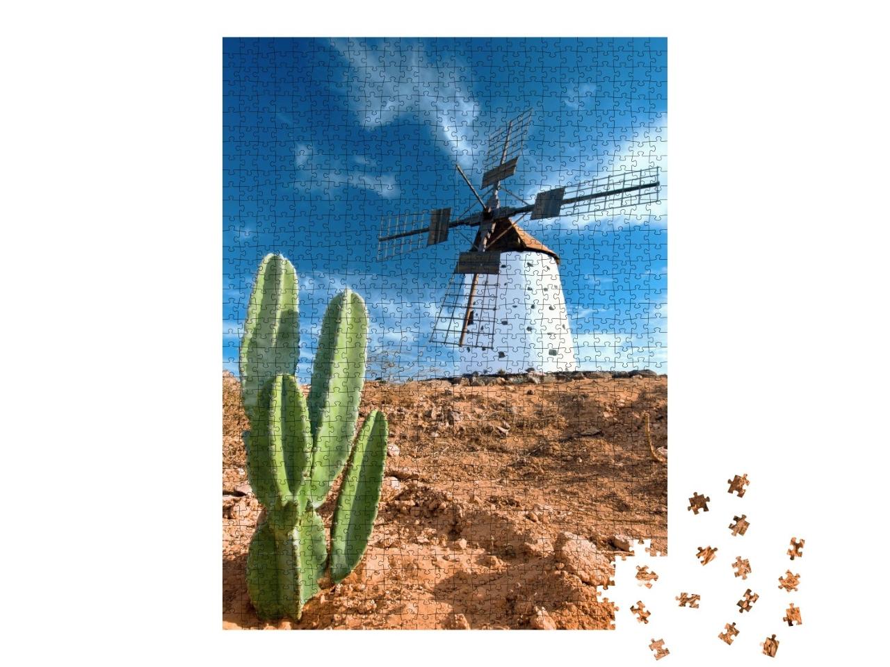 Puzzle de 1000 pièces « Cactus et moulin à vent traditionnel à Fuerteventura, îles Canaries »