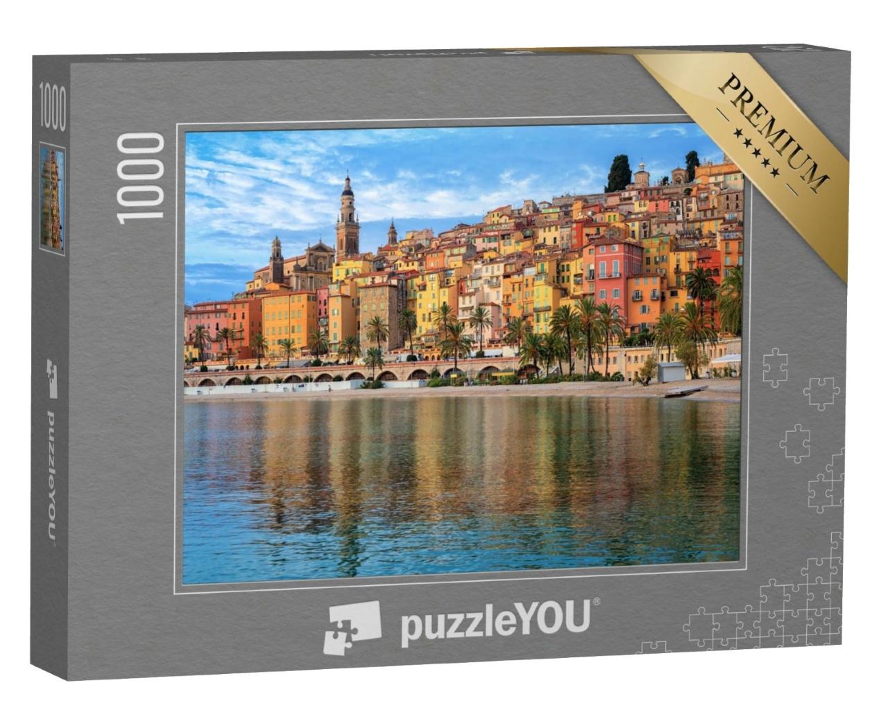 Puzzle de 1000 pièces « Maisons colorées et plage de sable : vue sur Menton, Riviera, France »