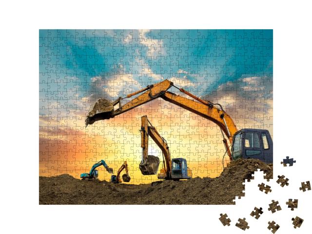 Puzzle de 500 pièces « Des pelleteuses travaillent sur le chantier au coucher du soleil »