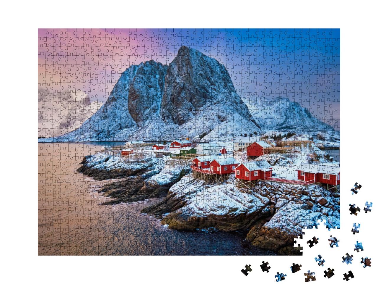 Puzzle de 1000 pièces « Village de pêcheurs sur les Lofoten : Lever de soleil en hiver, Norvège »