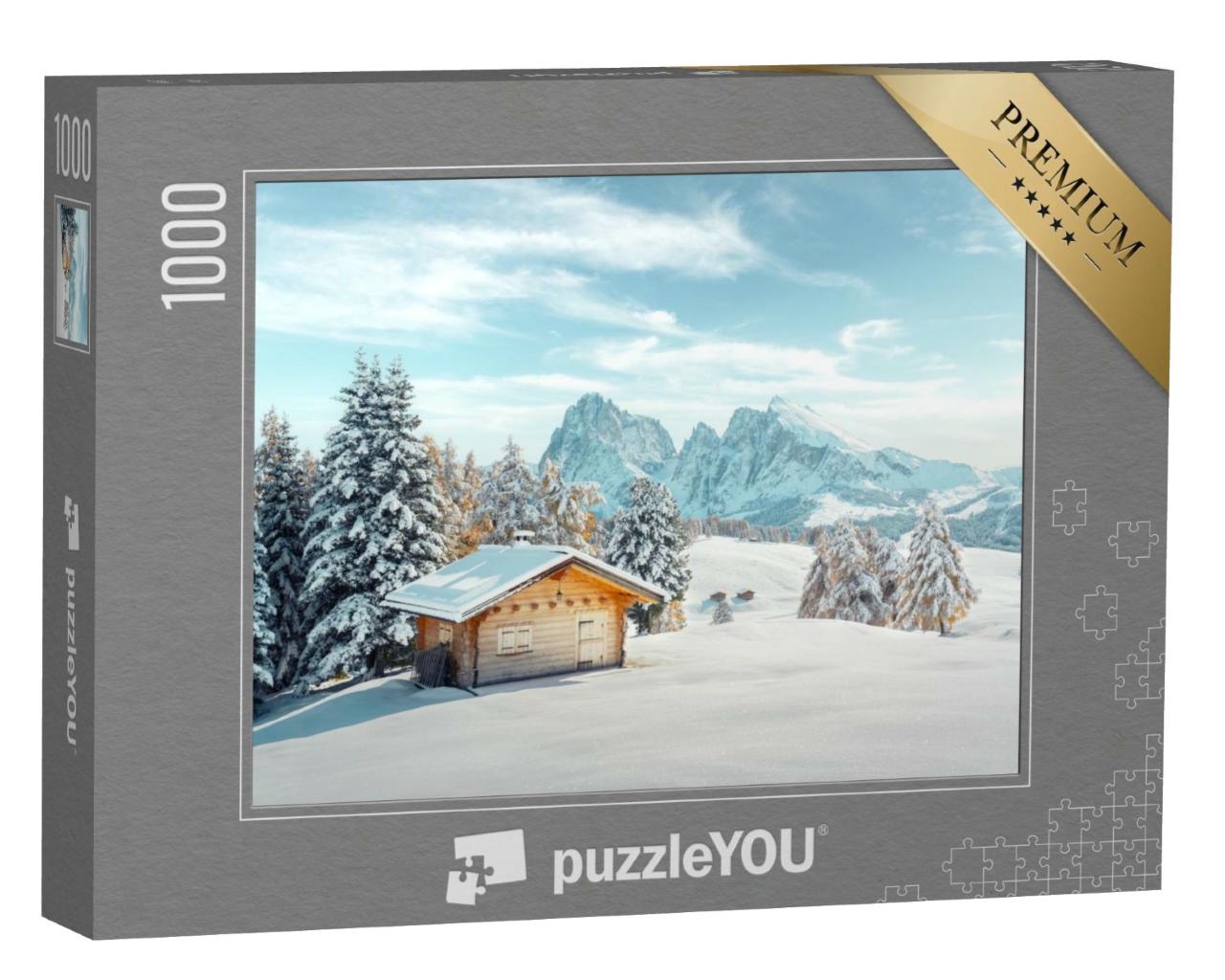 Puzzle de 1000 pièces « Paysage pittoresque avec petite cabane en bois sur le pré Alpe di Siusi en période hivernale »