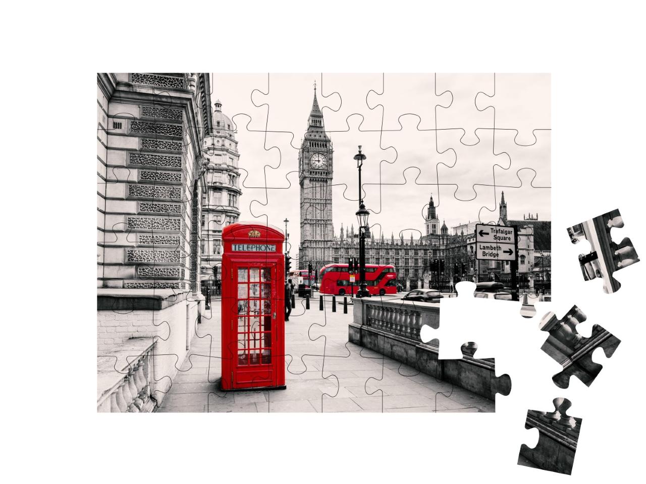 Puzzle de 48 pièces « Cabine téléphonique rouge : l'emblème de Londres, Angleterre »