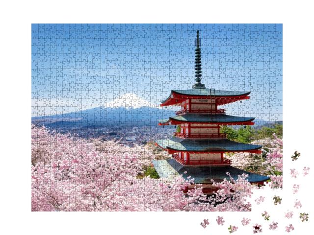 Puzzle de 1000 pièces « Pagode Chureito et Mont Fuji dans une mer de cerisiers en fleurs, Japon »