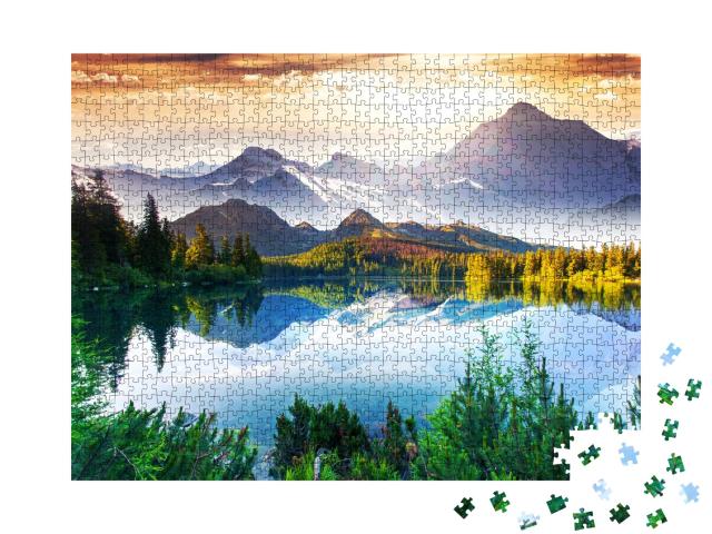Puzzle de 1000 pièces « Journée ensoleillée au bord d'un lac de montagne »